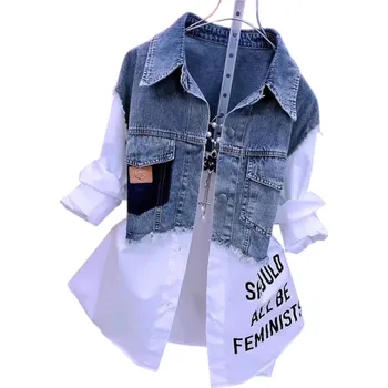 Dámská dvouvrstvá džínová bunda s bílou košilí Módní krátká vesta s kapsami Stylová kombinovaná bunda Ležérní streetová móda XXL