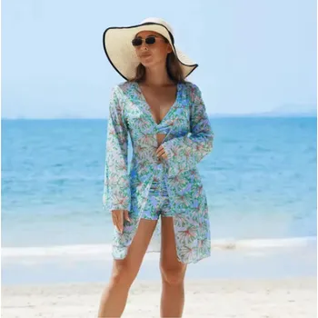 Dámské plavky Dámské plavky dvojdílné s nohavičkami a plážovým župánkem Barva: 2 - modro zelená, Velikost: XXL