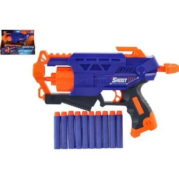 Dětská zbraň Teddies Pistole na pěnové náboje 28cm plast + 10 ks nábojů v krabici 31x22x7cm