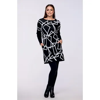 Dámské šaty Volnější kratší černobílé dámské šaty s kapsami a dlouhými rukávy 7035 velikost XL