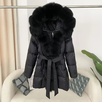 Dámská parka Dámská zimní péřová bunda s kapucí z pravé kožešiny Velikost: S, Barva (Varianta): Černá