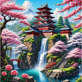 Diamantové malování Diamantové malování - Chrám v zahradě a vodopády (50 x 50)