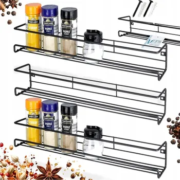 police KOVOVÁ nástěnná police do kuchyně na koření, dózy a skleničky, černá x3