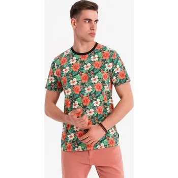 Pánské tričko Pánské bavlněné tričko s celoplošným potiskem a květinovým vzorem - černé V2 OM-TSFP-0249