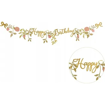 Narozeninový banner Happy Birthday Květiny růžovo-zlatý Girlanda