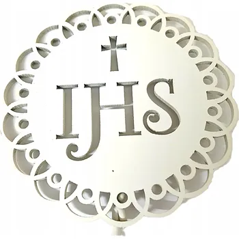 Obraz Topper pik IHS s krajkou na dort, dřevěná dárková dekorace, krabička bílá