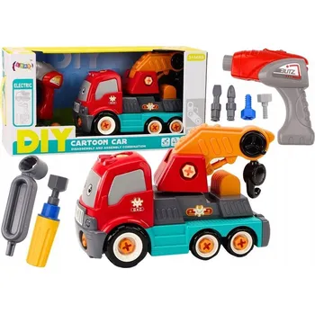 autíčko Náklaďák s hákem, kreslený, DIY, oranžový jeřáb – k sestavení