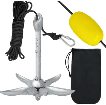 Kotva Lodní kotva pozinkovaná skládací kotva s karabinou, 10metrovým kotevním lanem, kotevní bójí a přepravní taškou