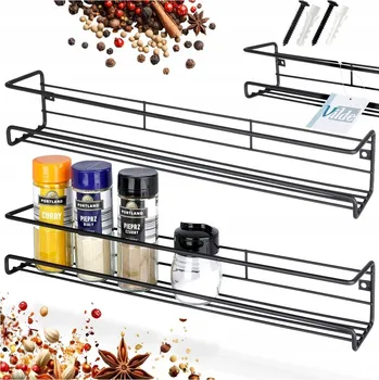 police METALOVÁ kuchyňská nástěnná POLICE na koření, dózy a skleničky, černá x2 (2 kusy)