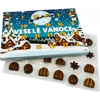 Vánoční dekorace Adventní kalendář Vesnička "Veselé Vánoce" s plastovým blistrem, políčko 3,5x3,5 cm