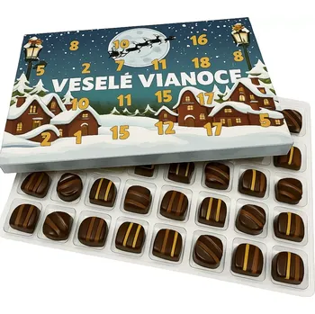 Vánoční dekorace Adventní kalendář Vesnička " Veselé Vianoce" s plastovým blistrem, políčko 3,5x3,5 cm