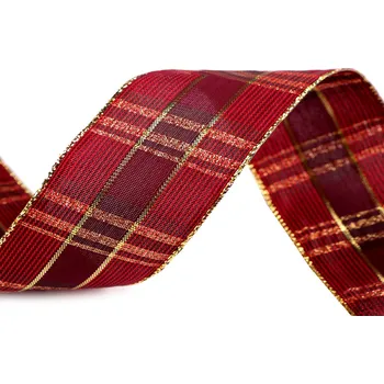 Stuha Károvaná stuha s lurexem a drátem šíře 40 mm Varianta: 2 červená tmavá zlatá, Balení: 1 m