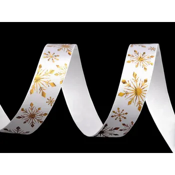 Stuha Vánoční saténová stuha vločky šíře 15 mm Varianta: 2 bílá zlatá, Balení: 3 m