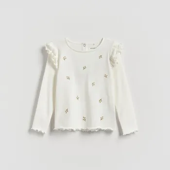 Dívčí tričko Reserved - Pruhovaná halenka s výšivkou - krémová - 405FT-01X - 405FT-01X-92