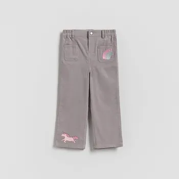 Dívčí kalhoty Reserved - Velvetové kalhoty s potiskem - světle šedá - 049FG-09X - 049FG-09X-92