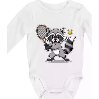 Mýval hraje tenis kreslený - Body kojenecké s dlouhým rukávem - Dlouhý r. 3-6 měs ( Bílá )