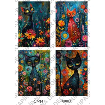Umělecký papír Rýžový a soft papír na decoupage - Kočky abstrakt - KB01426 Materiál: Soft, Rozměr: A4