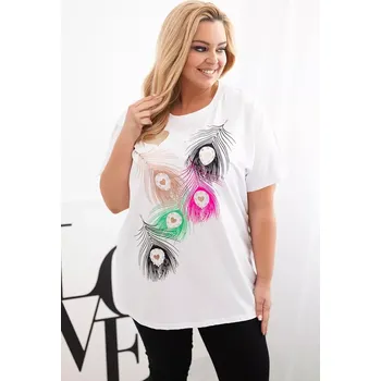 Dámská halenka Kesi Włoski Dámská bavlněná halenka Plus Size s motivem peří bílá + růžová Kesi Włoski bílá 3335047