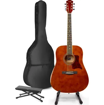 Hudební nástroj Max SoloJam Westernová akustická kytara s kytarovým stojanem a opěrkou nohou - Barva hnědá