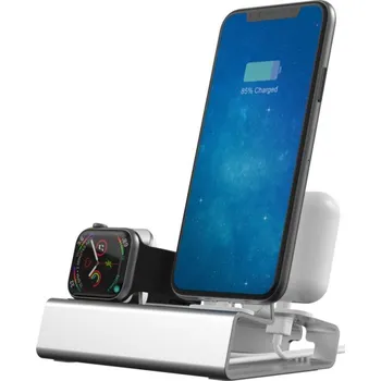 3v1 hliníkový stojánek s prostorem na nabíjecí kabely pro iPhone / Apple Watch / AirPods - stříbrný