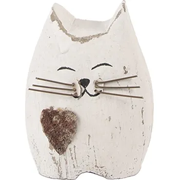 Bílá antik dřevěná dekorace kočička se srdíčkem Rustic Cat S - 6*4*7 cm
