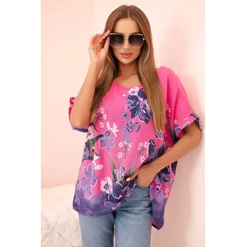Dámská halenka Kesi Włoski Dámská bavlněná blůza s květinovým potiskem a krátkým rukávem růžová Kesi Włoski fuchsiová | fialová 3356449