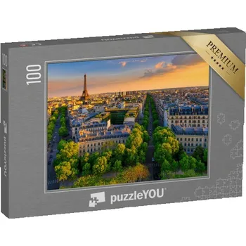 Puzzle puzzle 100 dílků „Panorama Paříže s Eiffelovou věží při západu slunce, Francie“