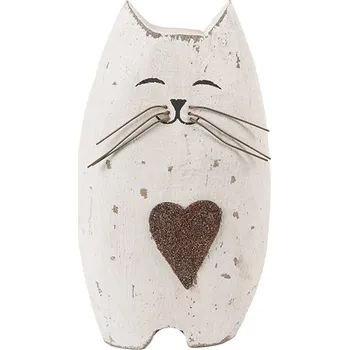 Bílá antik dřevěná dekorace kočička se srdíčkem Rustic Cat L - 8*6*14 cm