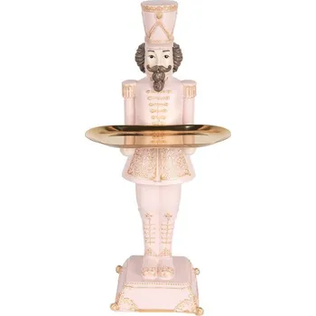 Vánoční dekorace Růžová vánoční dekorace Louskáček se zlatým podnosem - 18*17*40 cm