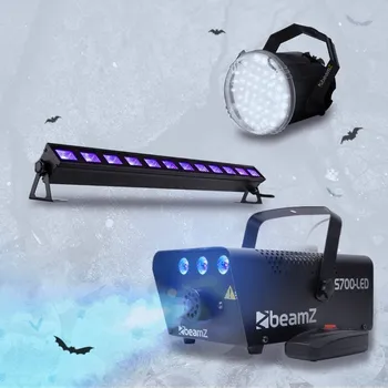 Světelný efekt BeamZ Complete Halloween Effect Set s výrobníkem mlhy s modrým LED podsvícením, LED stroboskopem a LED UV barem