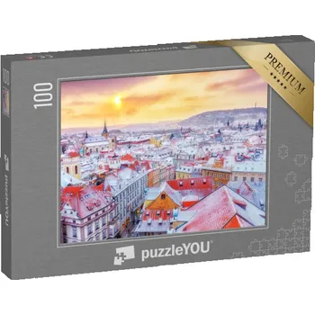 Puzzle puzzle 100 dílků „Praha o Vánocích, pohled na zasněžené střechy, Česká republika“