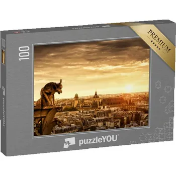 Puzzle puzzle 100 dílků „Chrlič na katedrále Notre Dame s Paříží v pozadí, Paříž, Francie“
