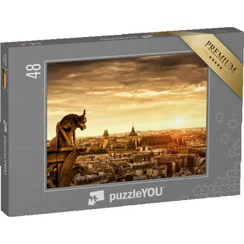 Puzzle puzzle 48 dílků „Chrlič na katedrále Notre Dame s Paříží v pozadí, Paříž, Francie“