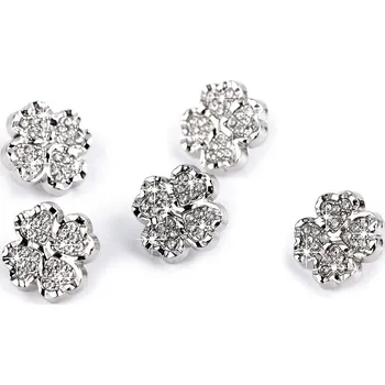 Knoflík Kovový knoflík čtyřlístek s kamínky velikost 20" stříbrná 30 ks