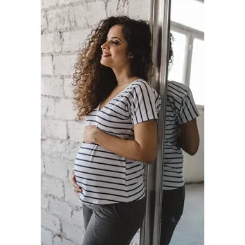 Milk & Love Oboustranné těhotenské a kojící tričko se zipy Two ways bílé s proužky bavlněné Velikost: L