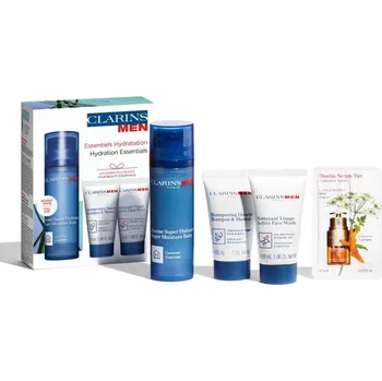 Clarins Men Super Moisture Balm hydratační balzám pro muže 50 ml + Clarins Men Shampoo & Shower osvěžující šampon na tělo a vlasy 30 ml + Clarins Men Active Face Wash čisticí pěnivý gel pro muže 30 ml + Clarins Double Serum Eye 0,9 ml