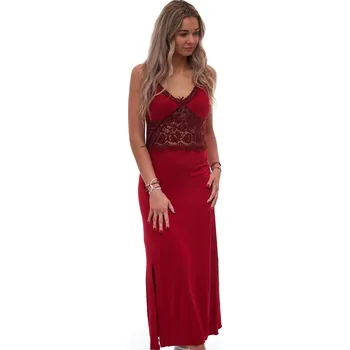 Dámské noční prádlo Dlouhá vínová noční košilka s bordó krajkou a lemovaným výstřihem 1D1634 vínová l