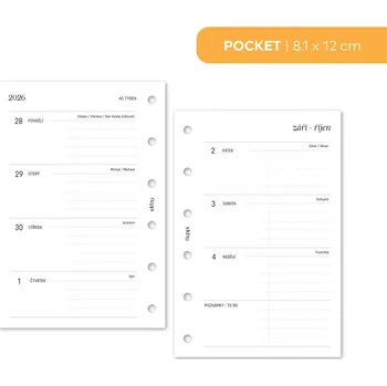 Diář Fleppi Náplň do diáře - Kalendář 2026, T2S horizontální čistý + to do (203) Vyberte velikost náplně: Pocket