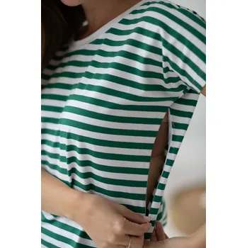 Milk & Love Oboustranné těhotenské a kojící tričko se zipy Two ways zeleno bílé proužky bavlněné Velikost: L