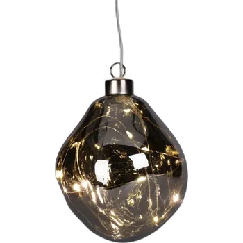 Vánoční dekorace BAŇKA TVAROVANÁ SKLENĚNÁ KAPKA LED 10CM STŘÍBRNÁ