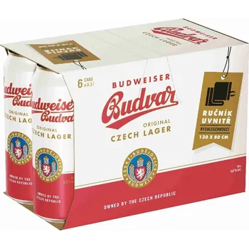 Pivo BUDWEISER Budvar Original pack 6 x 0,5l plech + 1 ks rychloschnoucí ručník