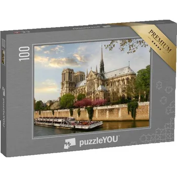 Puzzle puzzle 100 dílků „Paříž, Notre Dame s lodí na Seině, Francie“