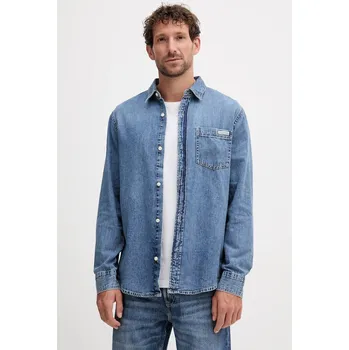 Pánská košile Džínová košile Calvin Klein Jeans pánská, modrá barva, regular, s klasickým límcem, LV040EM774 55J, vel. XS