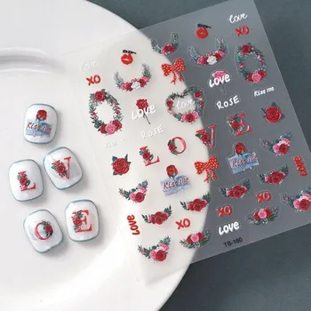 Přípravek na nehty Samolepky na nehty 3D samolepicí vypouklé vzory Valentýn polibek, růže
