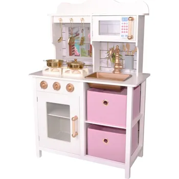 Dětská kuchyňka Dřevěná kuchyňka pro děti LED světlo 60x30x88,5CM bílo-růžová