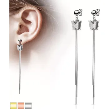 Náušnice Ocelové náušnice s motýlky - ozdobené třemi hladkými řetízky a lesklou kuličkou - Barva: Zlatá