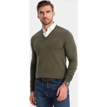 Pánský svetr Ombre Clothing Olivový svetr s košilovým límcem V5 SWSW-0102