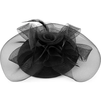 Klobouk Fascinátor / klobouček květ s peřím a síťkou černá 1 ks