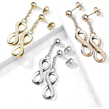 Náušnice Visací náušnice z oceli 316L - symbol nekonečna, linie zirkonů, puzetové zapínání, různé barvy - Barva: Stříbrná