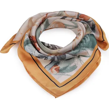 Saténový šátek květy a motýl 70x70 cm béžová tm. 1 ks